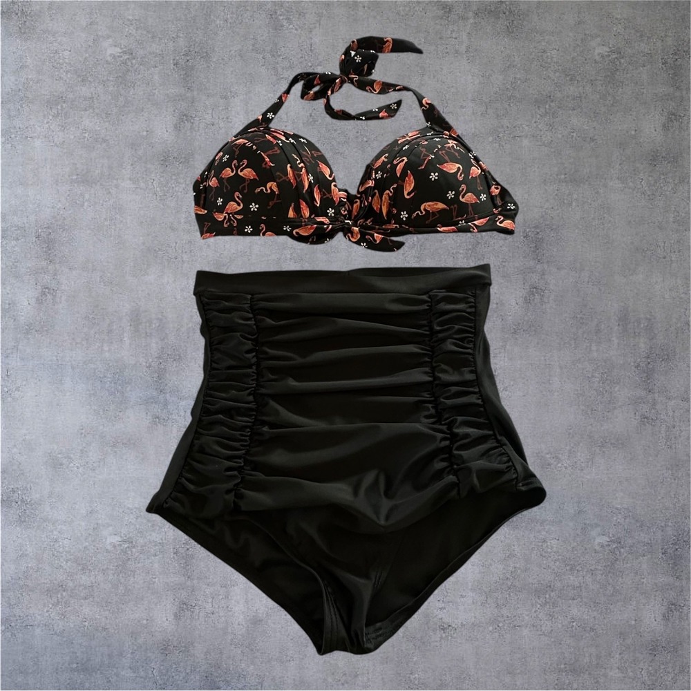 Unique Vintage Swim Bikini Swimsuit Womens Medium Black Flamingo High Waist EUC